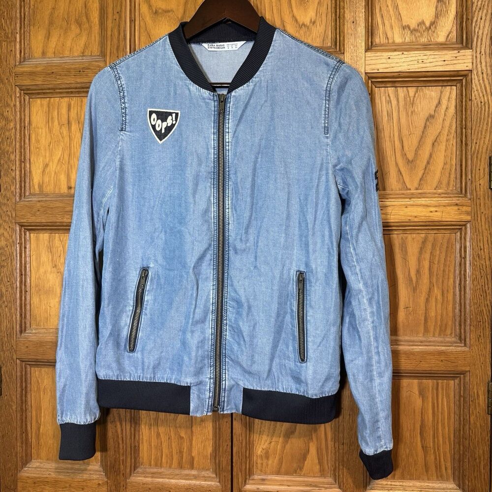 Zara Basic Z1975 Denim Jacket Women's Medium Blue Jean Cropped Boxy Patches